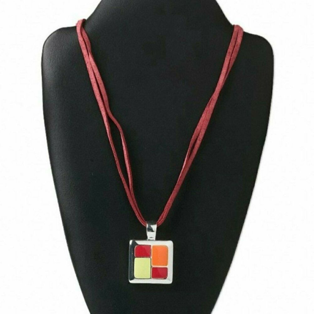 Mid Century Style Citrus and Silver Enameled Pendant Necklace